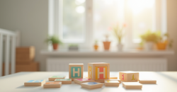 Chambre de bébé moderne avec blocs en bois colorés et lettre H en avant