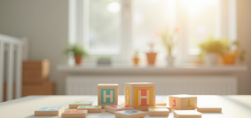 Chambre de bébé moderne avec blocs en bois colorés et lettre H en avant