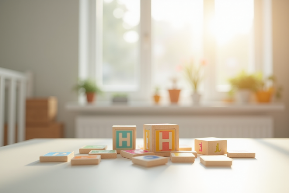 Chambre de bébé moderne avec blocs en bois colorés et lettre H en avant