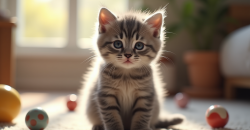 Chaton british shorthair gris dans un salon lumineux