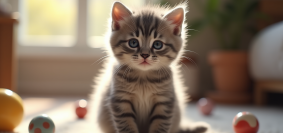 Chaton british shorthair gris dans un salon lumineux