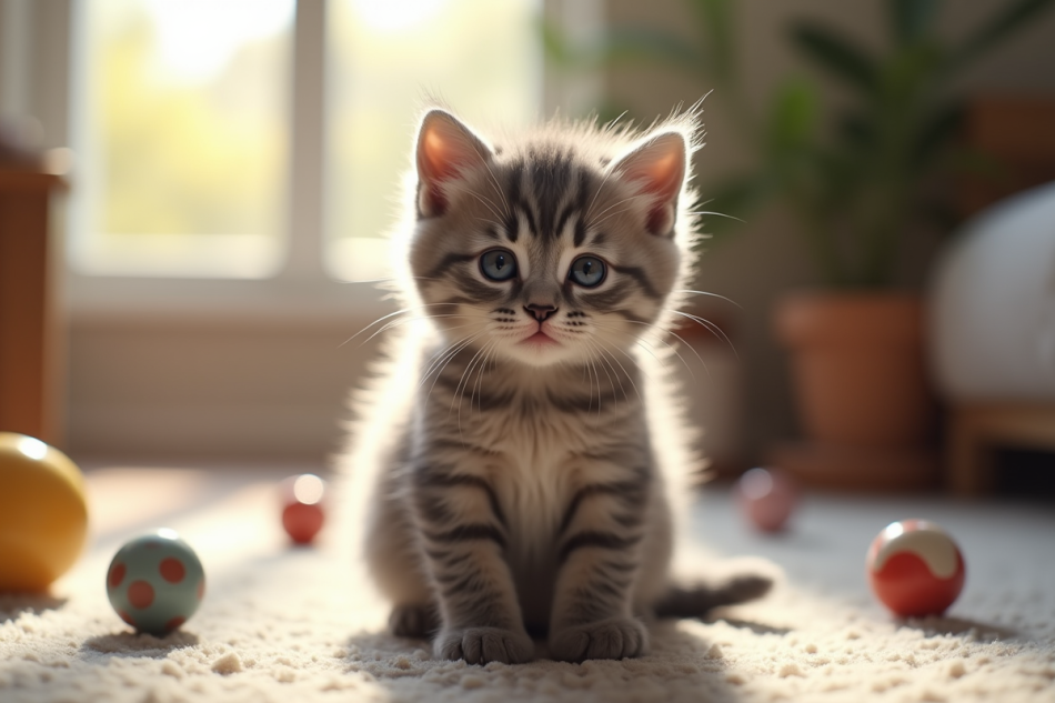 Chaton british shorthair gris dans un salon lumineux