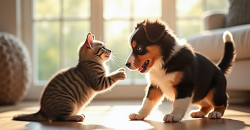 Chiot Australian Shepherd jouant avec un chat dans un salon lumineux