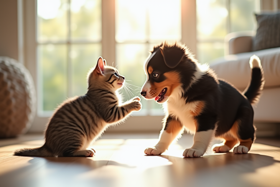 Chiot Australian Shepherd jouant avec un chat dans un salon lumineux