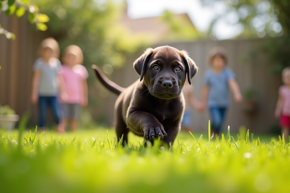 Chiot cane corso jouant dans le jardin avec enfants