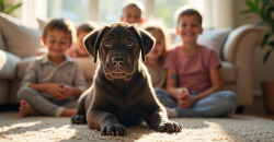 Chiot cane corso dans un salon ensoleille avec enfants