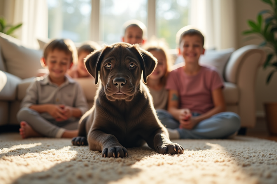 Chiot cane corso dans un salon ensoleille avec enfants