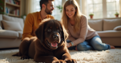 Chiot Newfoundland accueilli par une famille dans un salon lumineux