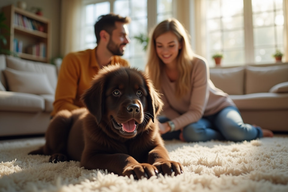 Chiot Newfoundland accueilli par une famille dans un salon lumineux