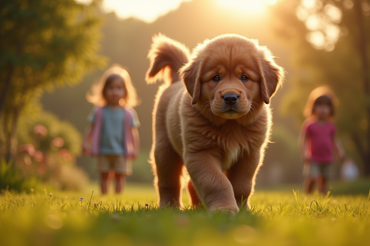 Chiot Newfoundland explorant un jardin ensoleille avec des enfants