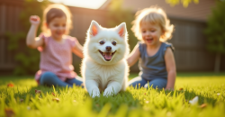 Chiot spitz blanc jouant avec des enfants dans le jardin ensoleille