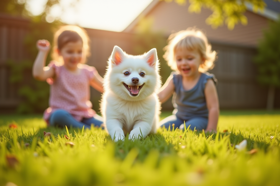 Chiot spitz blanc jouant avec des enfants dans le jardin ensoleille