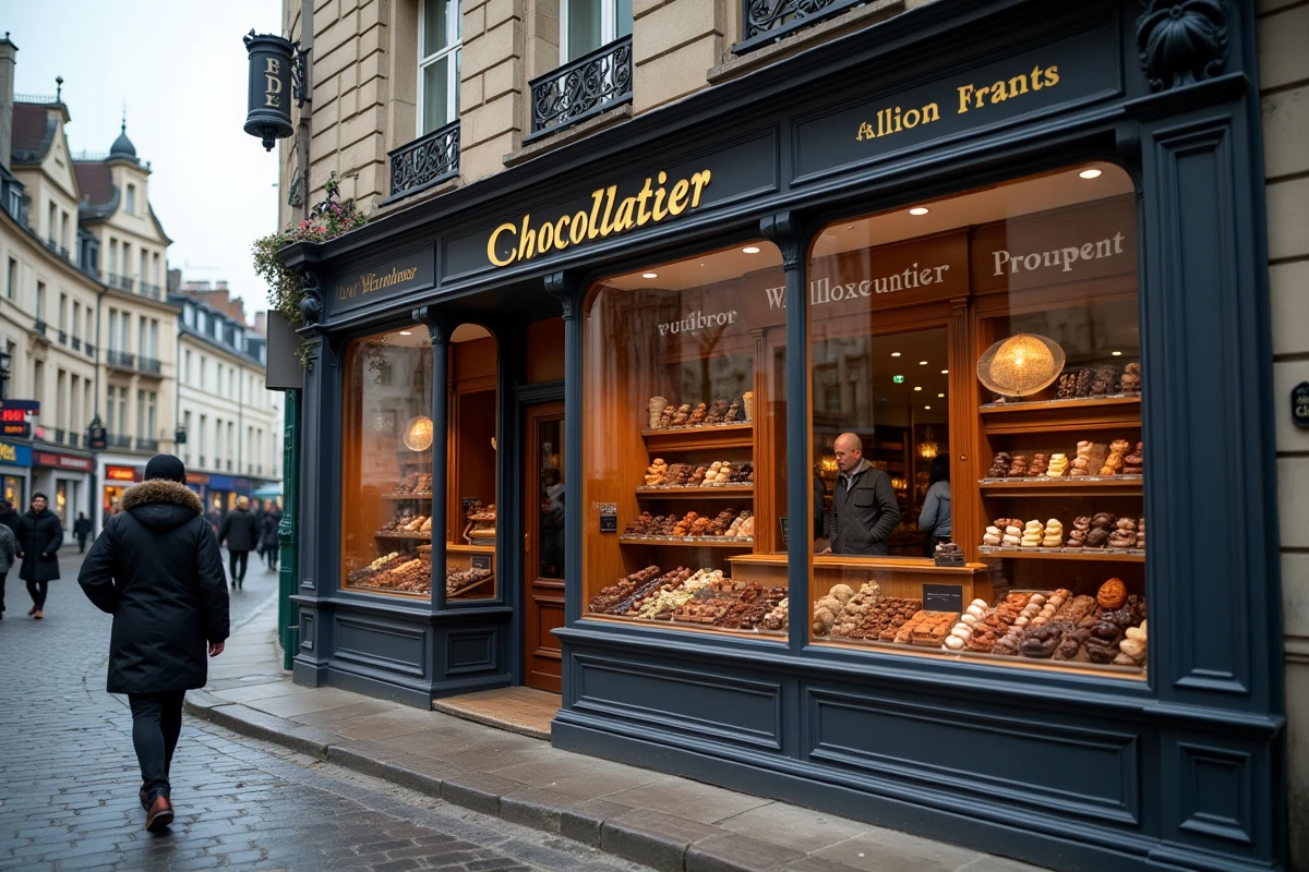 Devanture d'une chocolaterie artisanale française dans une place de ville du nord de la France par temps nuageux
