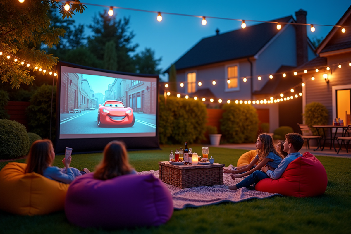 Projection en plein air avec amis et décorations colorées