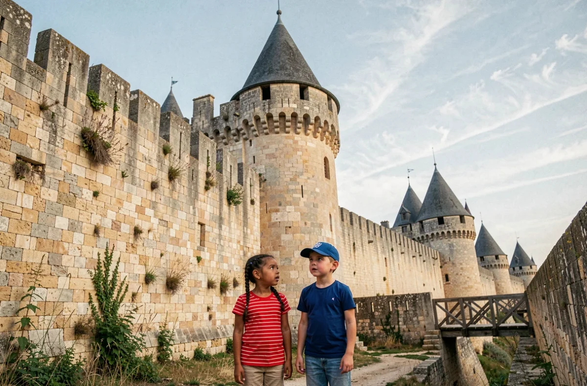 Deux enfants admirant les imposantes murailles médiévales de la Cité de Carcassonne