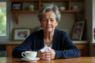 Femme d'âge mûr tenant un mouchoir blanc, visage empreint de tristesse après un deuil familial