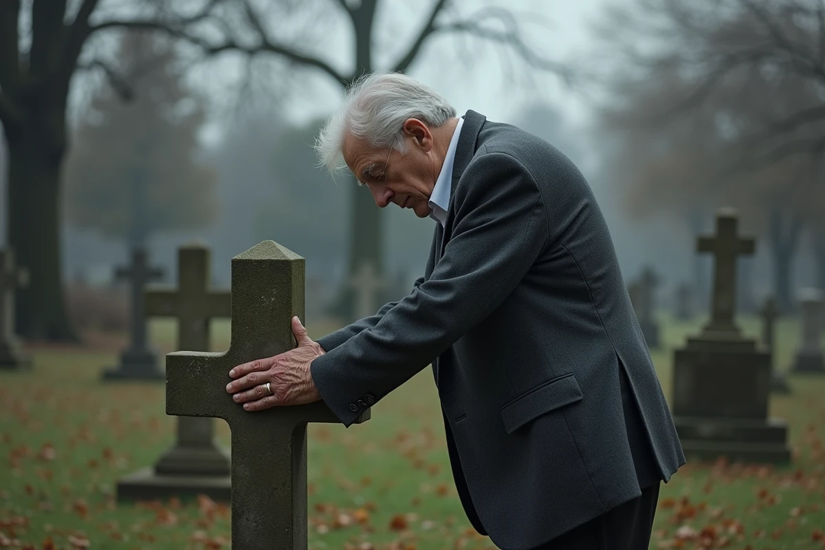 Homme âgé en deuil se recueillant devant une tombe dans un cimetière d'automne