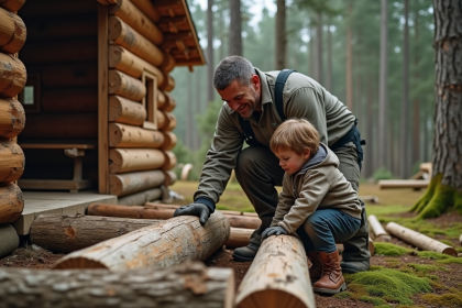 Homme et garçon assemblant des murs en bois dans la forêt
