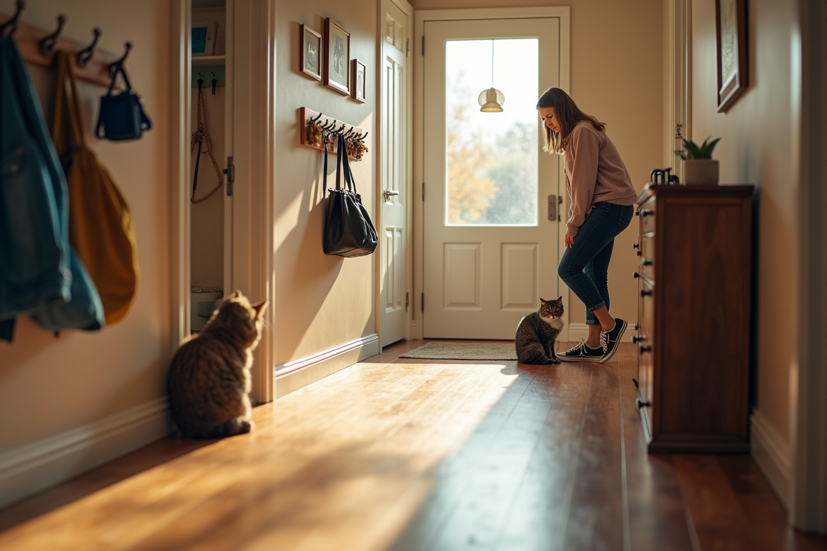 Couloir organisé avec chat attentif et personne mettant des chaussures