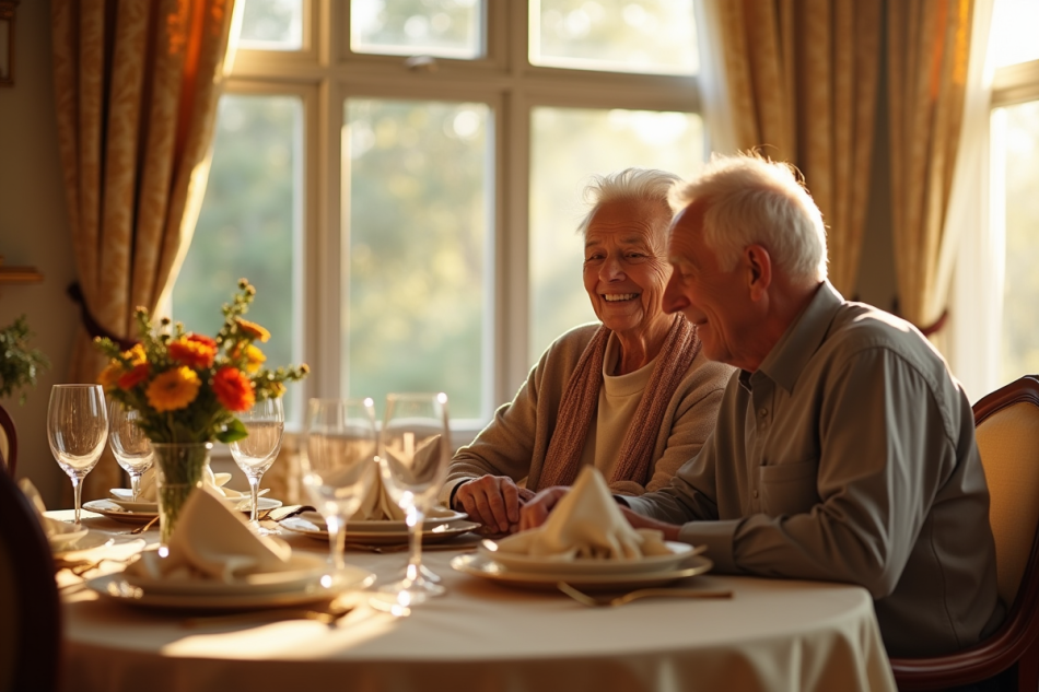 Couple âgé célébrant leur 50e anniversaire avec décoration dorée