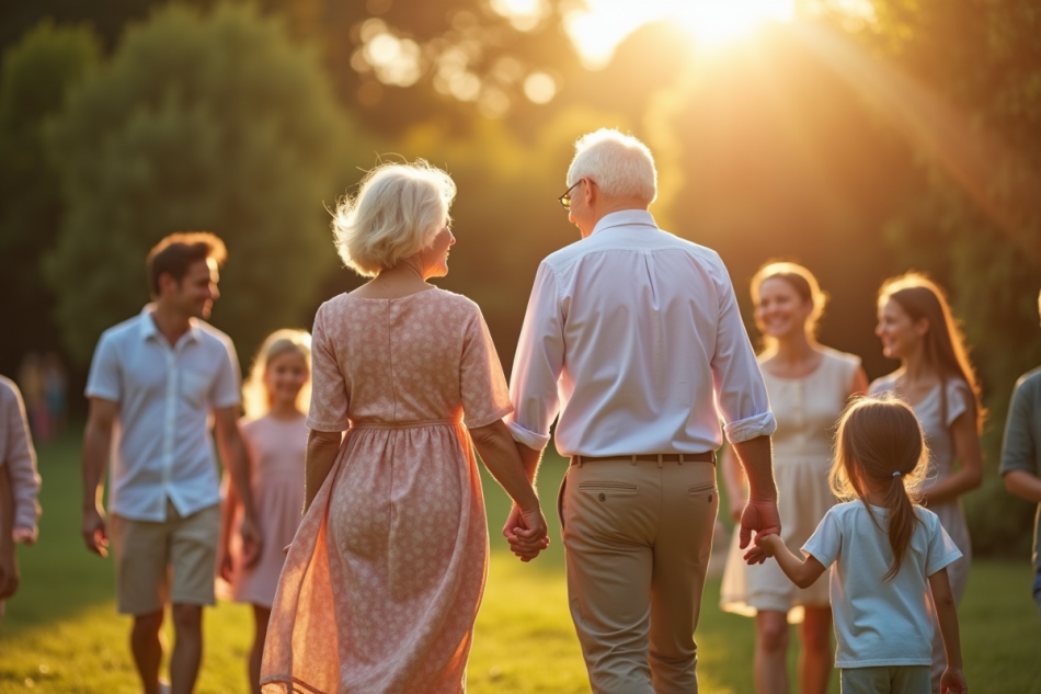 Couple âgé main dans la main lors d'une fête en famille