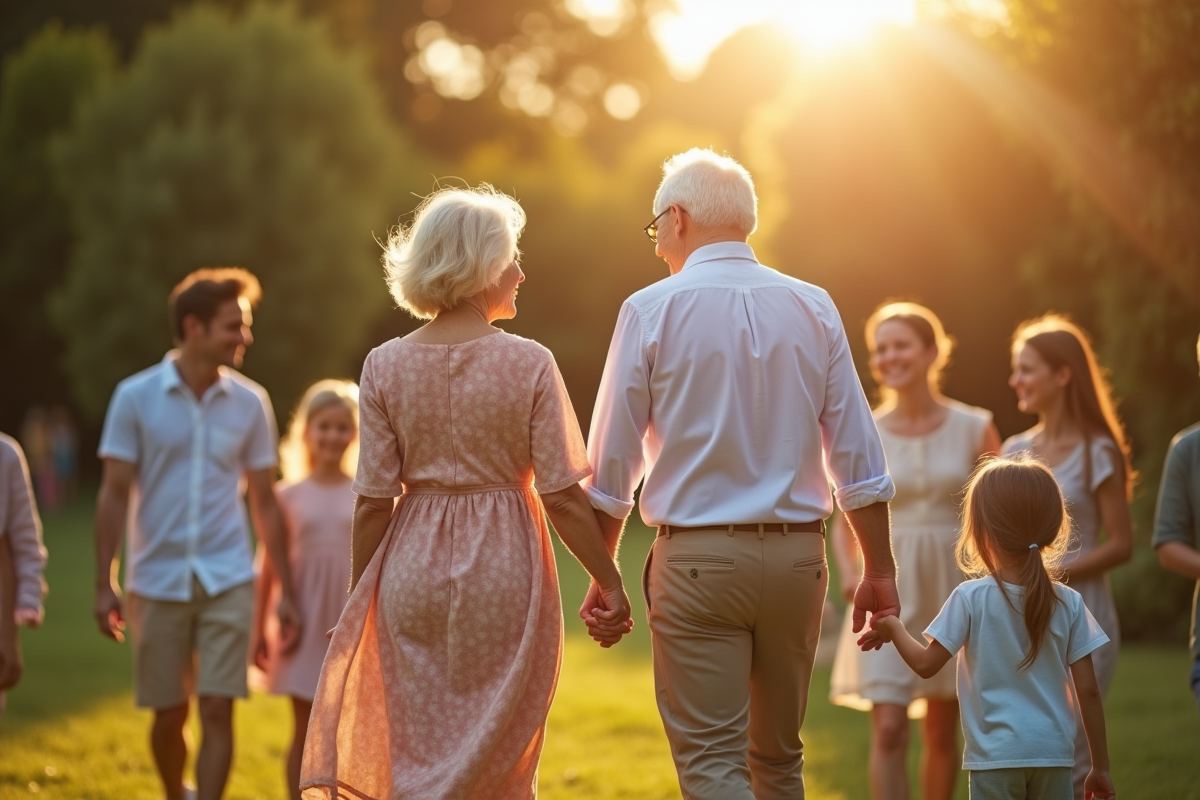 Couple âgé main dans la main lors d'une fête en famille