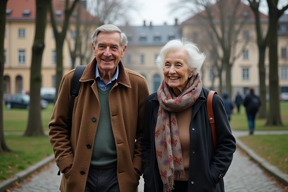 Couple âgé marchant dans un parc urbain au printemps