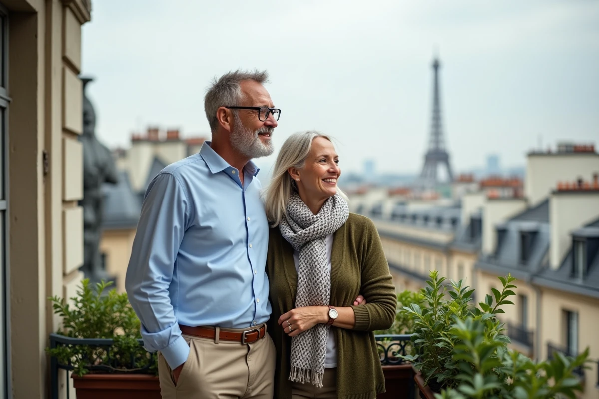 Couple méditerranéen sur un balcon parisien en regardant la ville