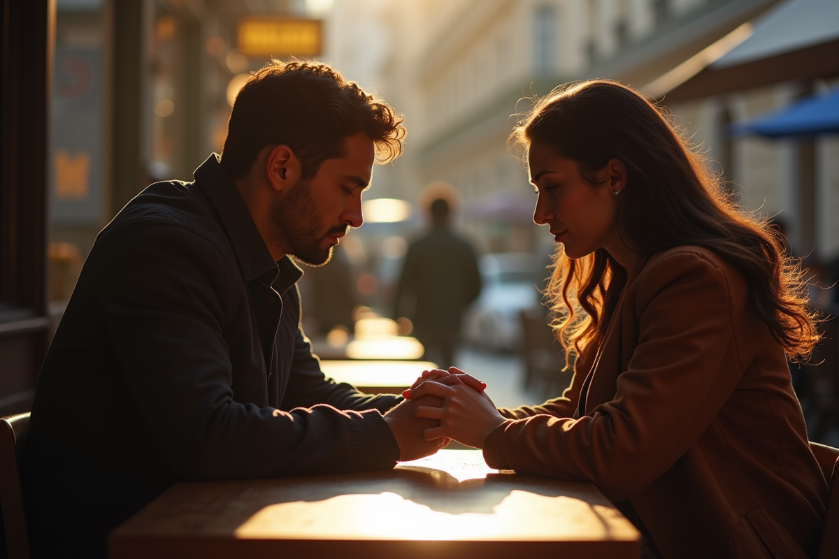 Couple au café regardant le sol en silence dans un décor urbain