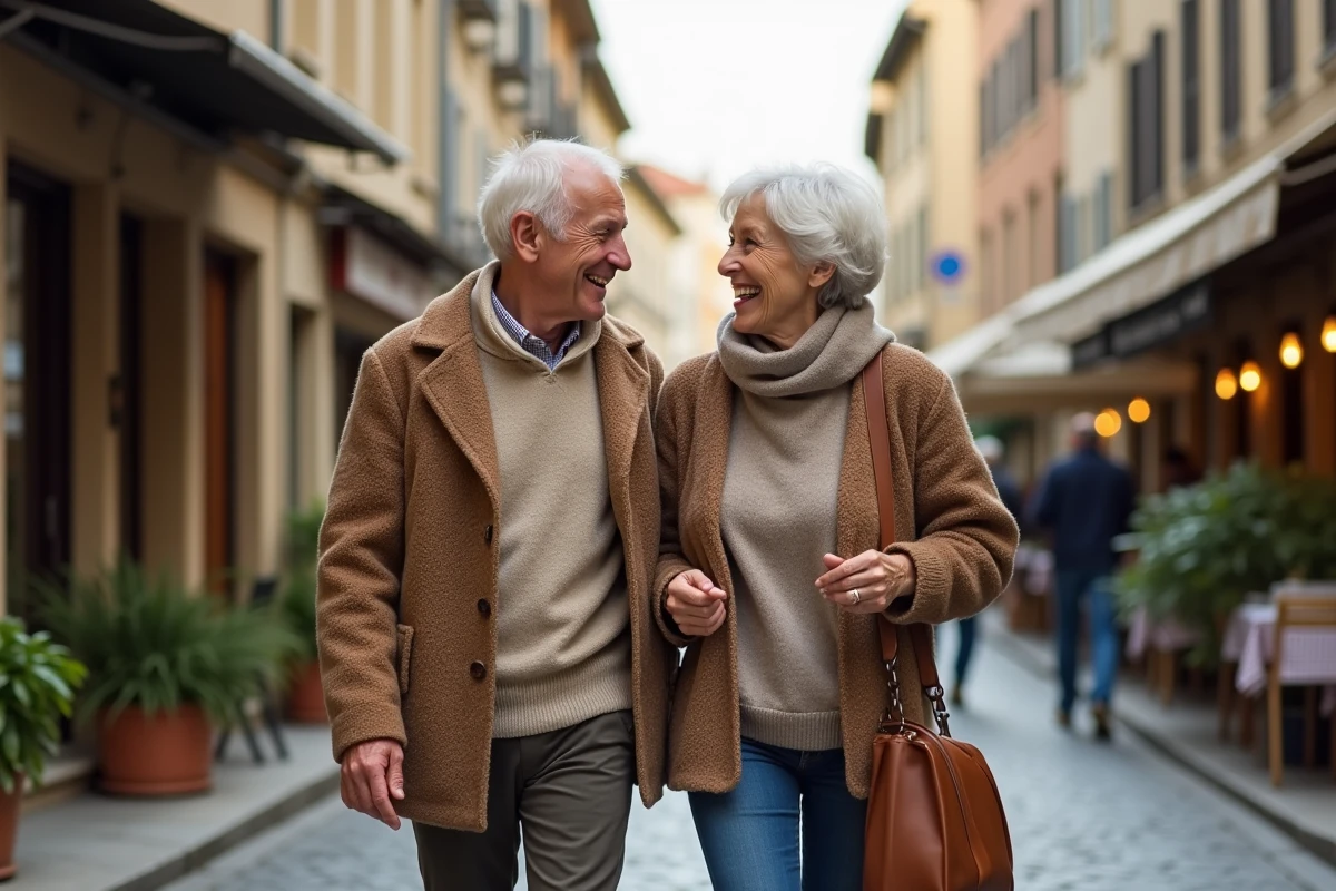 Couple complice se promenant et riant dans une rue pavée européenne exprimant une longue histoire commune