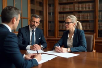 Couple de conjoints examinant des documents juridiques relatifs à l'article 1832-2 du Code civil avec un notaire dans un bureau officiel