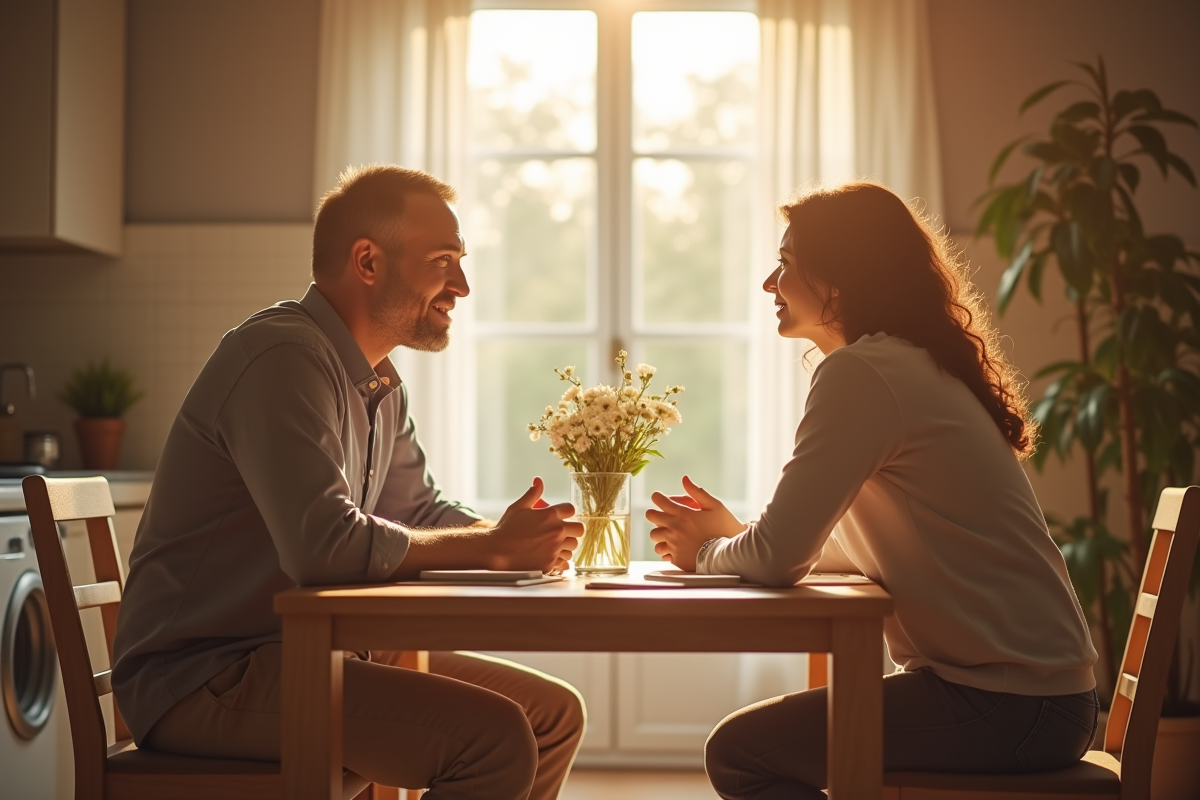 Couple marié assis à la table de cuisine en matinée
