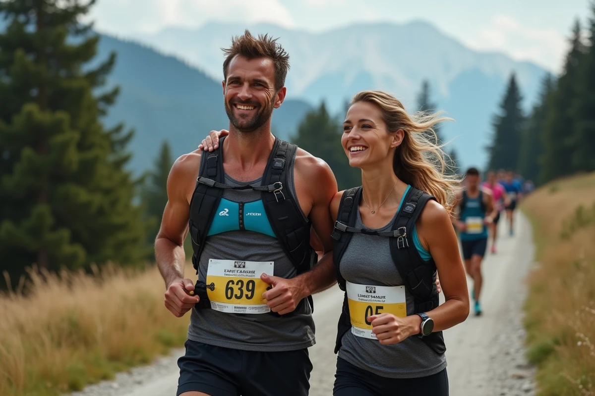 Mathieu Blanchard et sa compagne au départ d'une course de trail en montagne, représentant le soutien du couple lors des compétitions
