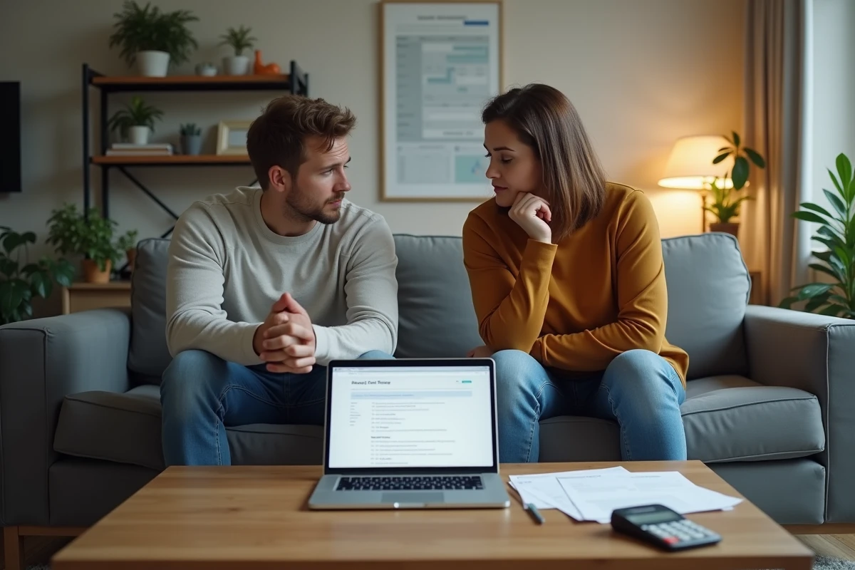 Couple en conflit assis à distance l'un de l'autre avec des documents de divorce en ligne et des factures sur la table basse