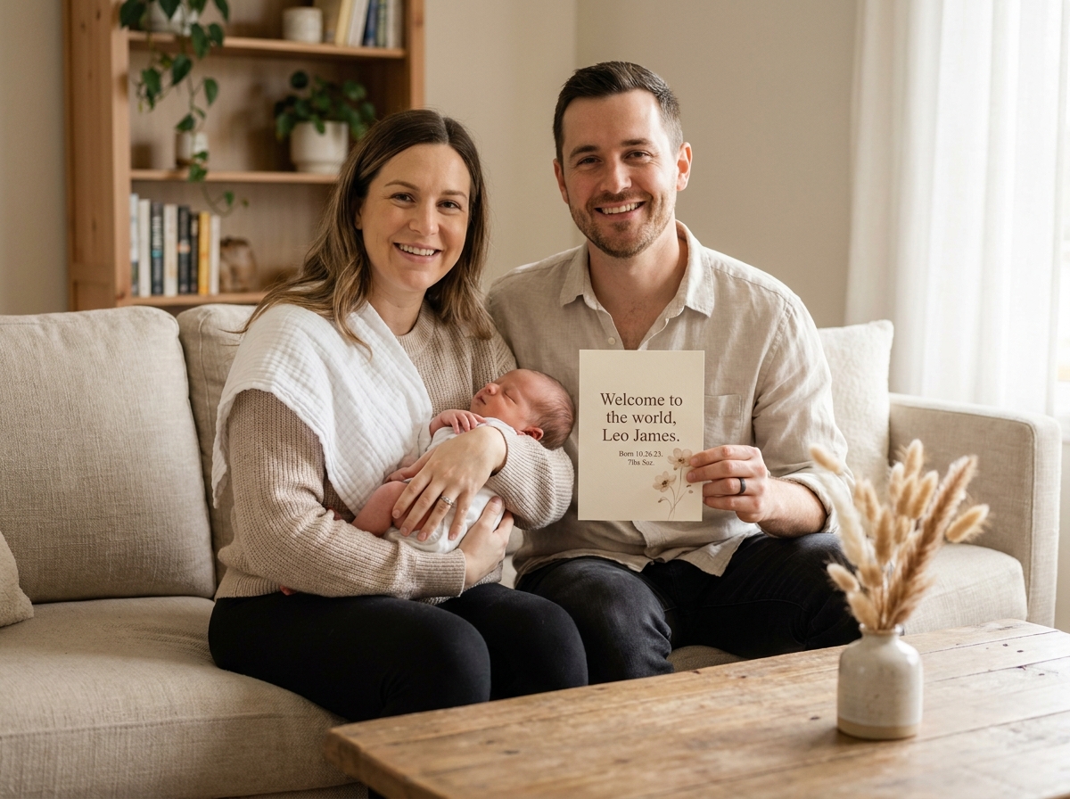 Jeune couple tenant fièrement leur faire-part de naissance avec leur nouveau-né dans un salon chaleureux et cosy