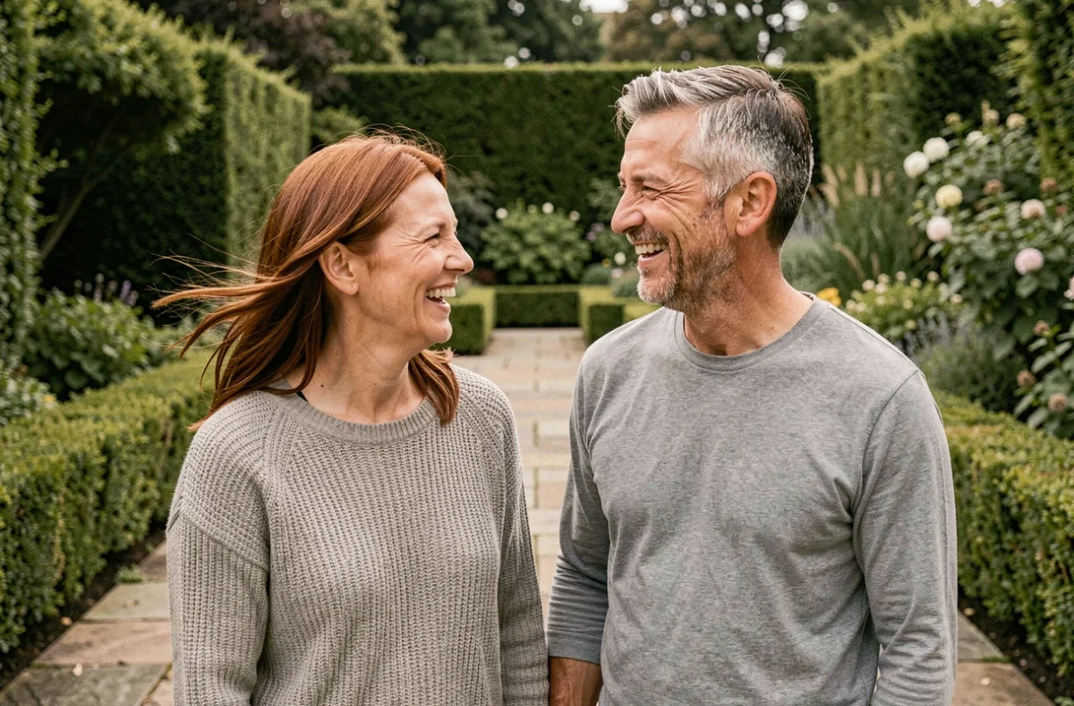 Couple complice riant ensemble dans un jardin verdoyant, ambiance détendue et naturelle illustrant la vie de famille
