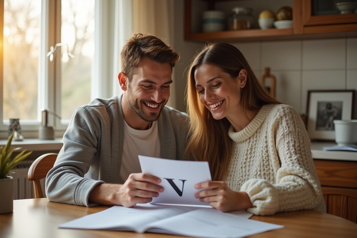 Jeune couple souriant avec liste de prénoms V à la maison