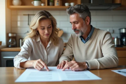 Couple marié examinant ensemble des documents financiers à la table de cuisine, illustrant les dettes communes selon l'article 220 du Code civil