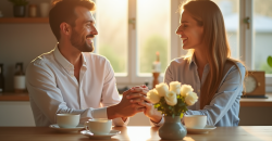Couple souriant dans une cuisine en lumière naturelle