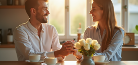 Couple souriant dans une cuisine en lumière naturelle