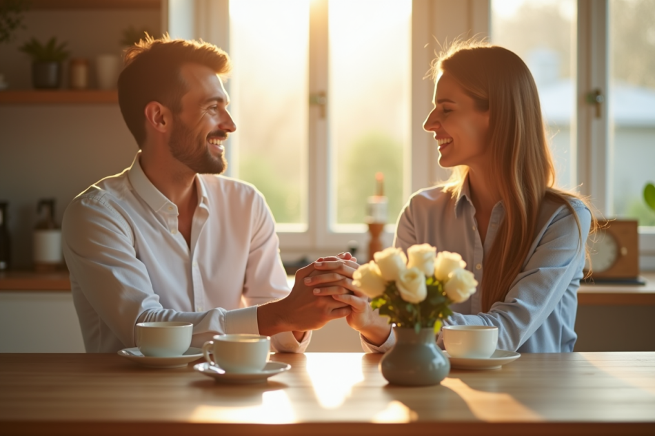 Couple souriant dans une cuisine en lumière naturelle