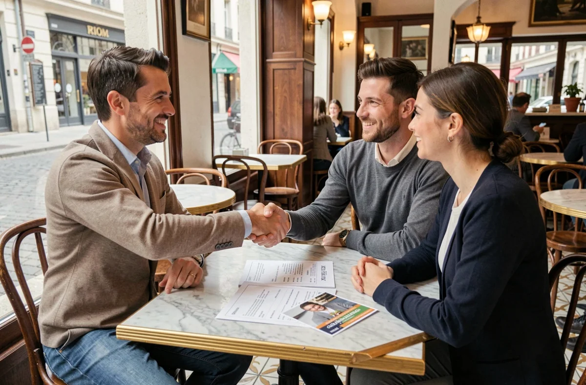 Un couple discutant du budget et du devis avec un photographe dans un café de Riom avant une séance photo