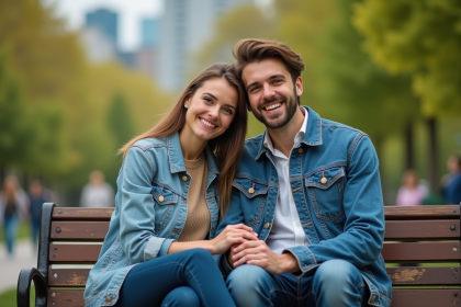 Couple assis sur un banc dans un parc urbain souriant