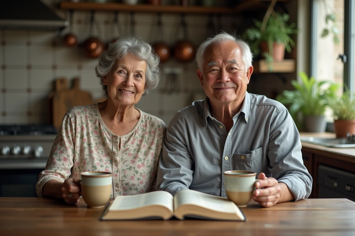 Couple de parents attablés dans une cuisine familiale rustique, évoquant les origines et la vie de famille