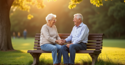 Vieux couple assis sur un banc dans un parc ensoleille symbole d amour durable