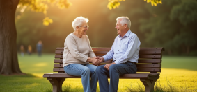 Vieux couple assis sur un banc dans un parc ensoleille symbole d amour durable