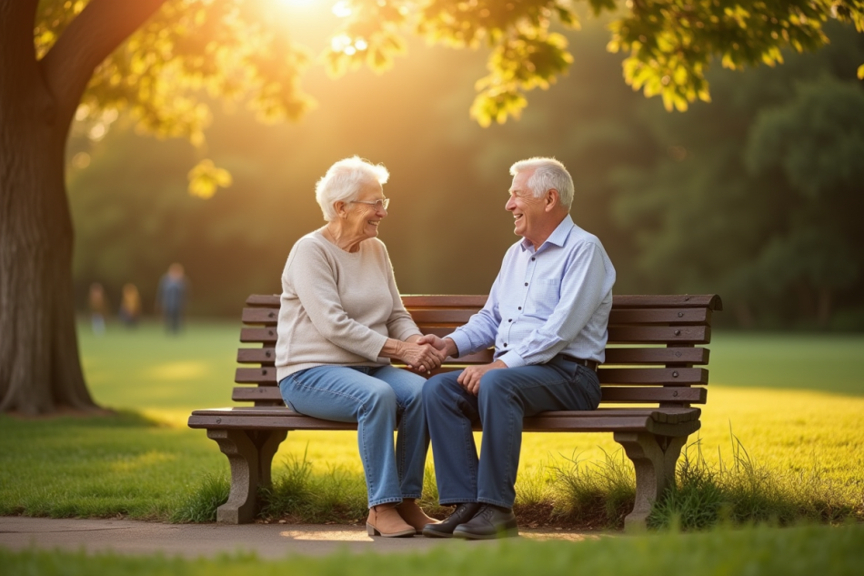Vieux couple assis sur un banc dans un parc ensoleille symbole d amour durable