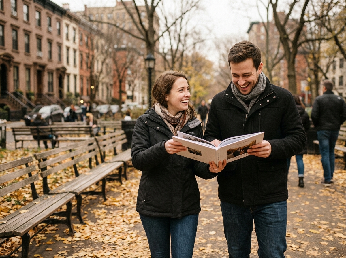 Couple dans un parc avec album photo personnalisé