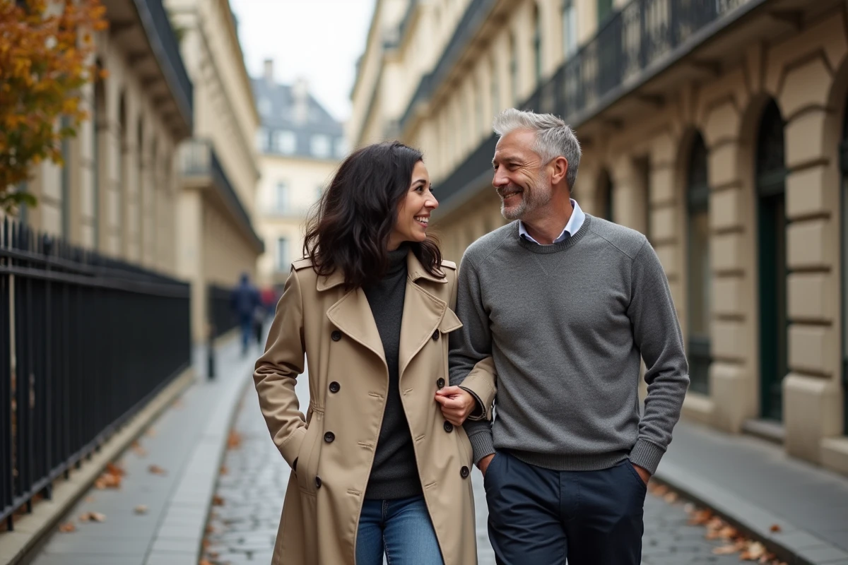 Couple complice se promenant dans une rue parisienne en automne, évoquant la relation amoureuse et la vie privée d'une personnalité publique