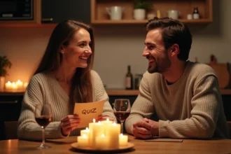 Couple jouant aux questions Les Z'amours autour d'une table de cuisine avec des cartes quiz et des verres de vin